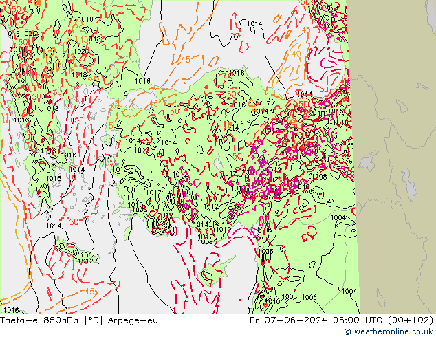 Theta-e 850hPa Arpege-eu vie 07.06.2024 06 UTC