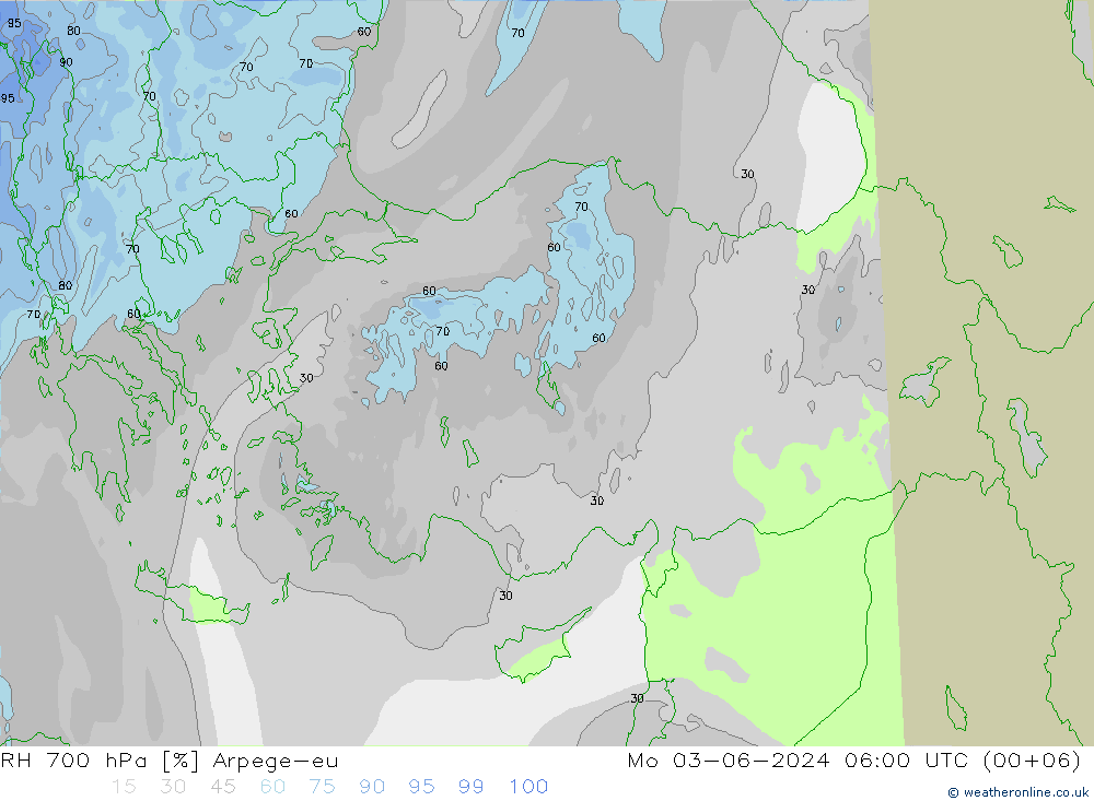 RH 700 hPa Arpege-eu Mo 03.06.2024 06 UTC