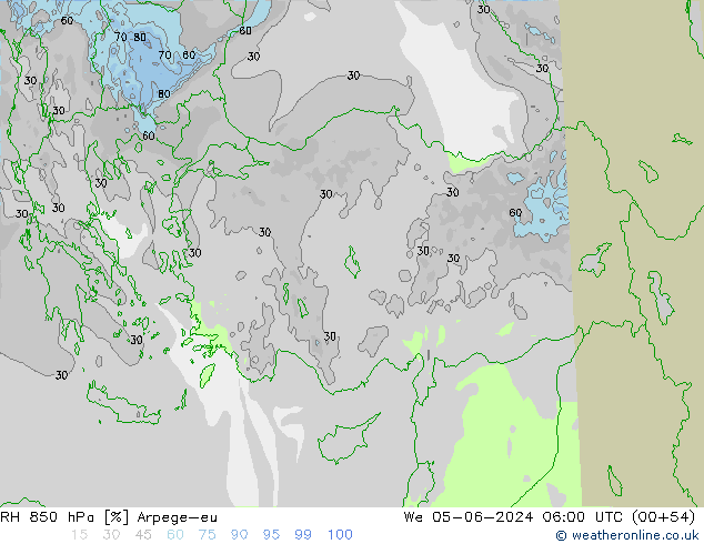 RH 850 hPa Arpege-eu Qua 05.06.2024 06 UTC