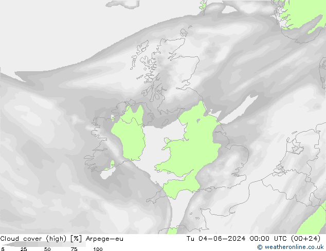 Cloud cover (high) Arpege-eu Tu 04.06.2024 00 UTC