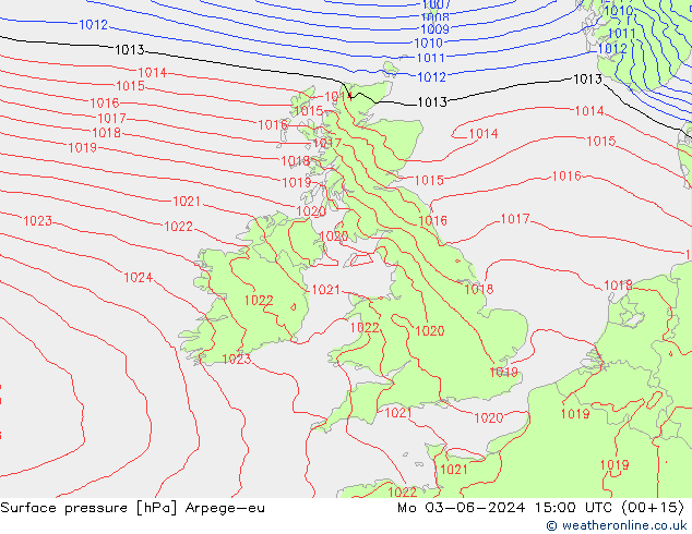 Surface pressure Arpege-eu Mo 03.06.2024 15 UTC