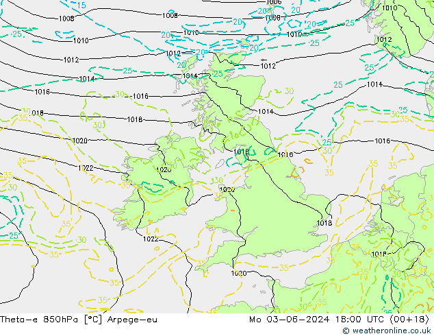Theta-e 850hPa Arpege-eu Po 03.06.2024 18 UTC