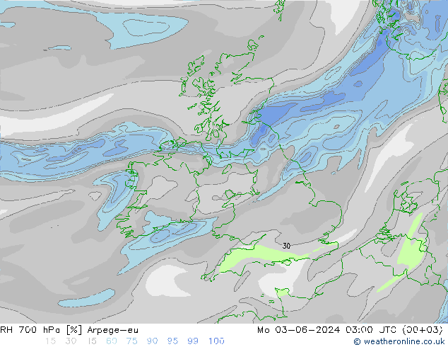 RH 700 hPa Arpege-eu pon. 03.06.2024 03 UTC