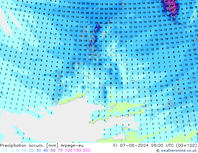 Precipitation accum. Arpege-eu пт 07.06.2024 06 UTC