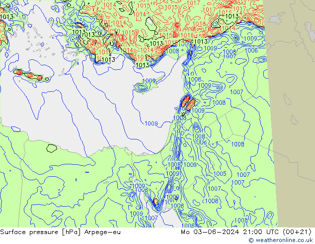 Pressione al suolo Arpege-eu lun 03.06.2024 21 UTC