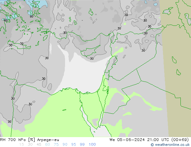 Humedad rel. 700hPa Arpege-eu mié 05.06.2024 21 UTC