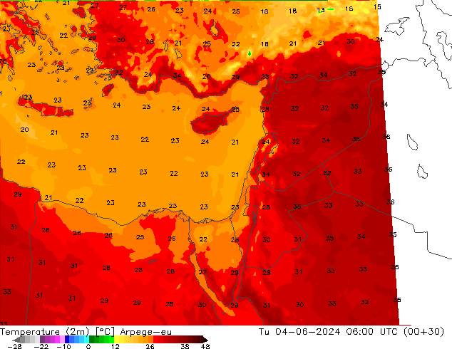 mapa temperatury (2m) Arpege-eu wto. 04.06.2024 06 UTC