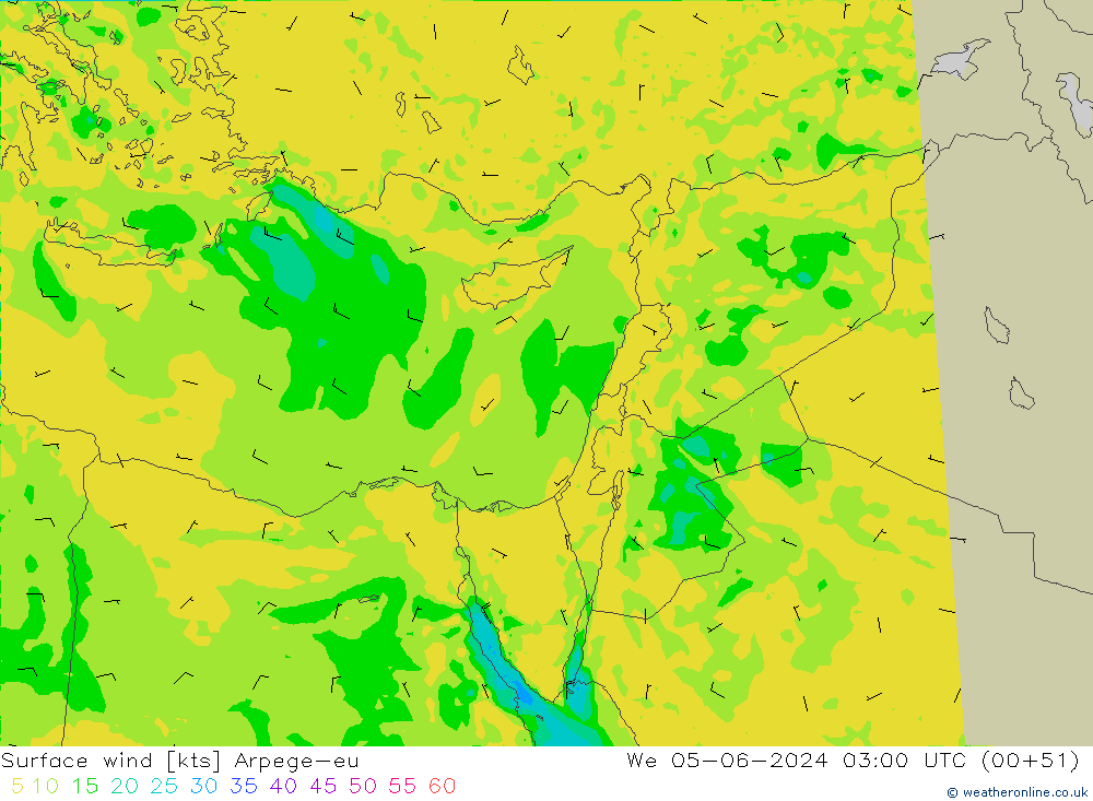 Vento 10 m Arpege-eu Qua 05.06.2024 03 UTC