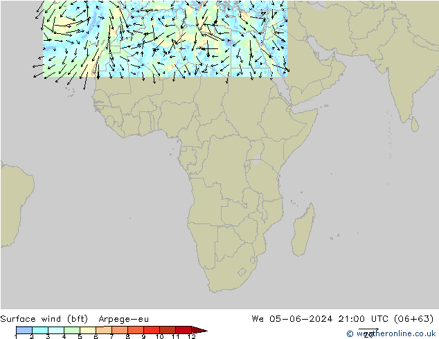 Surface wind (bft) Arpege-eu We 05.06.2024 21 UTC