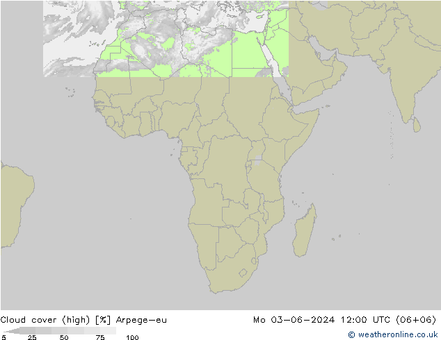 Cloud cover (high) Arpege-eu Mo 03.06.2024 12 UTC