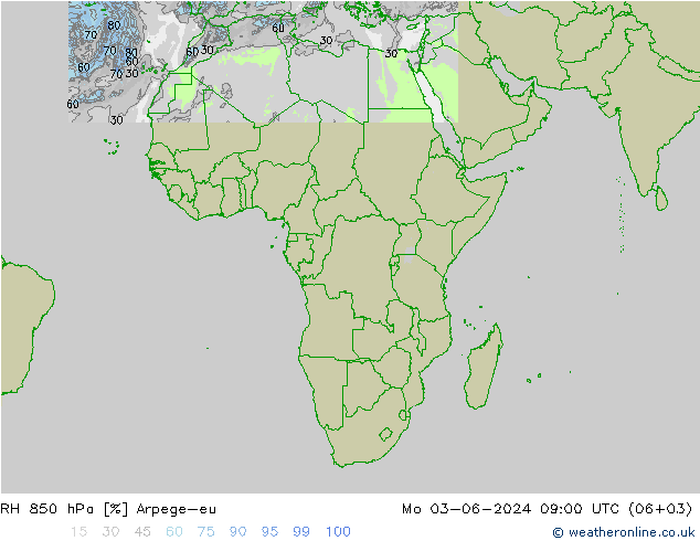 RH 850 hPa Arpege-eu Seg 03.06.2024 09 UTC