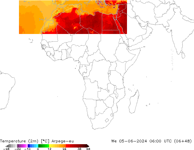 température (2m) Arpege-eu mer 05.06.2024 06 UTC