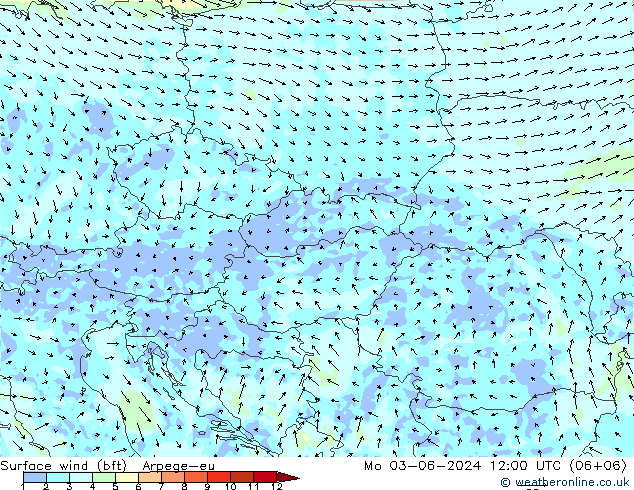 Surface wind (bft) Arpege-eu Mo 03.06.2024 12 UTC