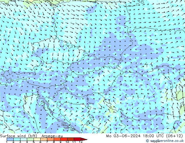 Surface wind (bft) Arpege-eu Po 03.06.2024 18 UTC