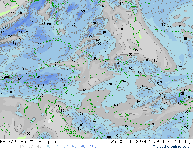 RH 700 hPa Arpege-eu Qua 05.06.2024 18 UTC