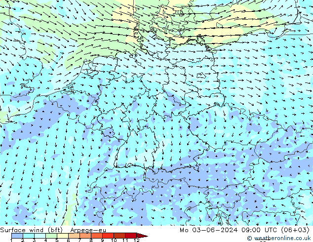 Surface wind (bft) Arpege-eu Mo 03.06.2024 09 UTC