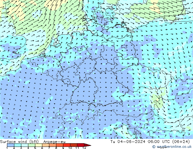 Bodenwind (bft) Arpege-eu Di 04.06.2024 06 UTC