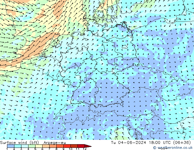 Viento 10 m (bft) Arpege-eu mar 04.06.2024 18 UTC