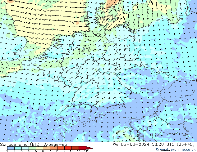 Bodenwind (bft) Arpege-eu Mi 05.06.2024 06 UTC