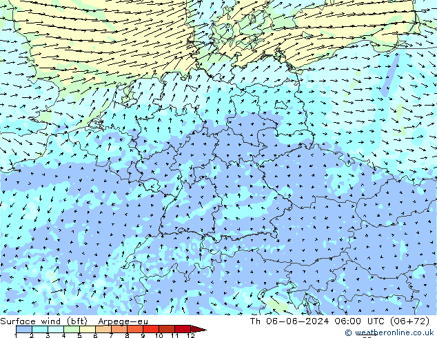 Bodenwind (bft) Arpege-eu Do 06.06.2024 06 UTC