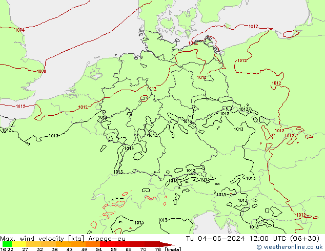 Max. wind velocity Arpege-eu  04.06.2024 12 UTC