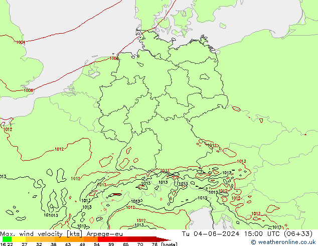 Max. wind velocity Arpege-eu mar 04.06.2024 15 UTC