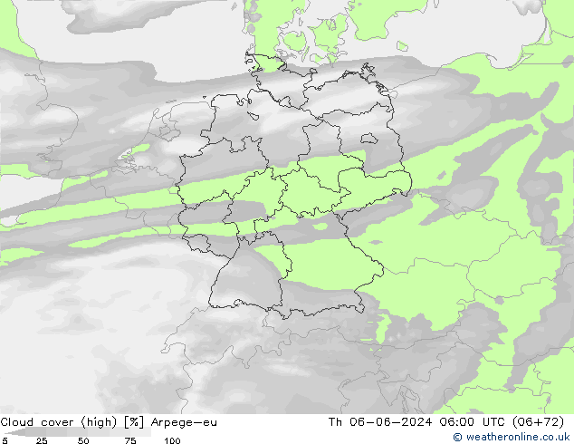 Cloud cover (high) Arpege-eu Th 06.06.2024 06 UTC