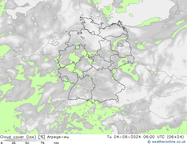 Cloud cover (low) Arpege-eu Tu 04.06.2024 06 UTC