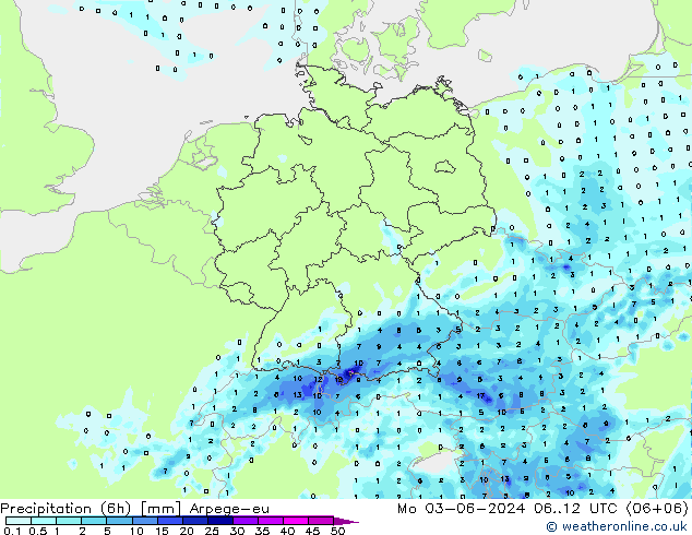 Precipitation (6h) Arpege-eu Mo 03.06.2024 12 UTC