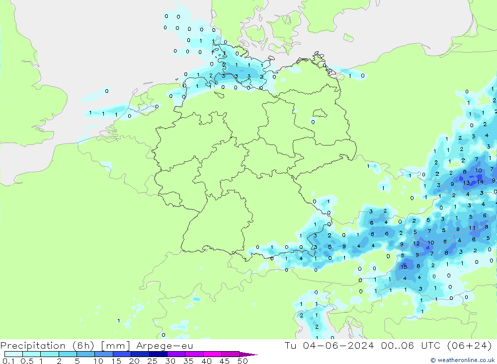 降水量 (6h) Arpege-eu 星期二 04.06.2024 06 UTC