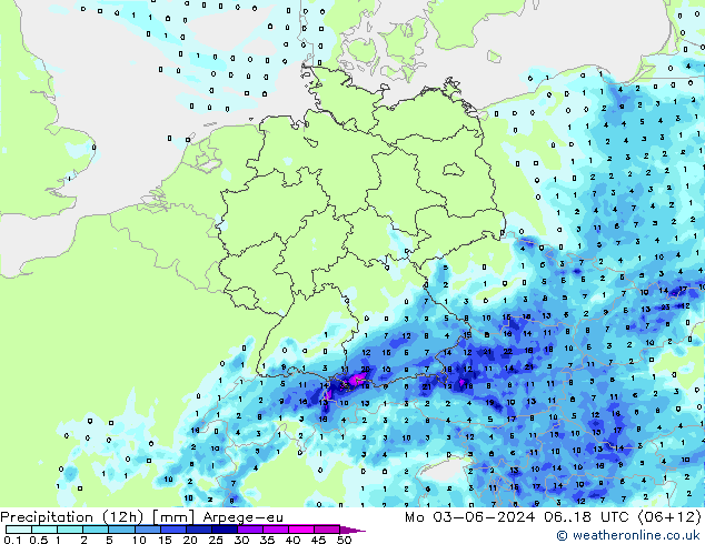 Precipitation (12h) Arpege-eu Mo 03.06.2024 18 UTC