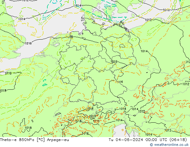 Theta-e 850hPa Arpege-eu wto. 04.06.2024 00 UTC
