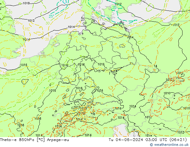 Theta-e 850hPa Arpege-eu mar 04.06.2024 03 UTC