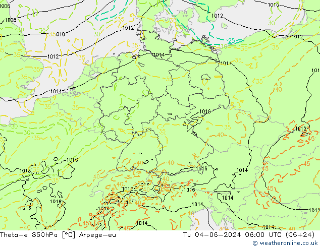 Theta-e 850hPa Arpege-eu  04.06.2024 06 UTC