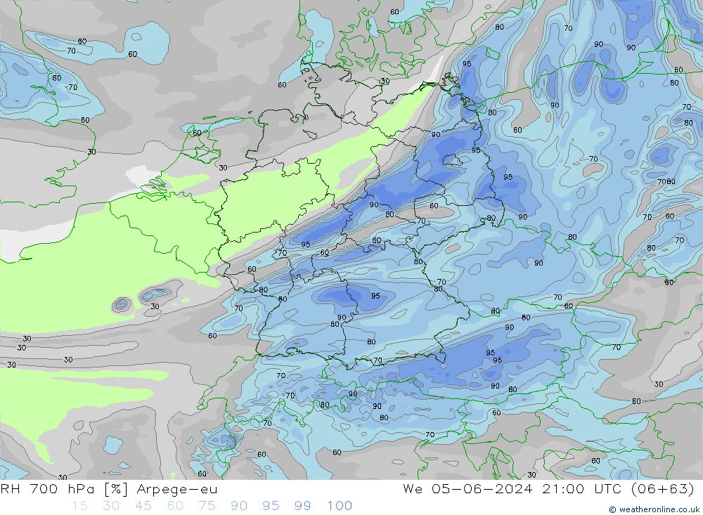 Humedad rel. 700hPa Arpege-eu mié 05.06.2024 21 UTC