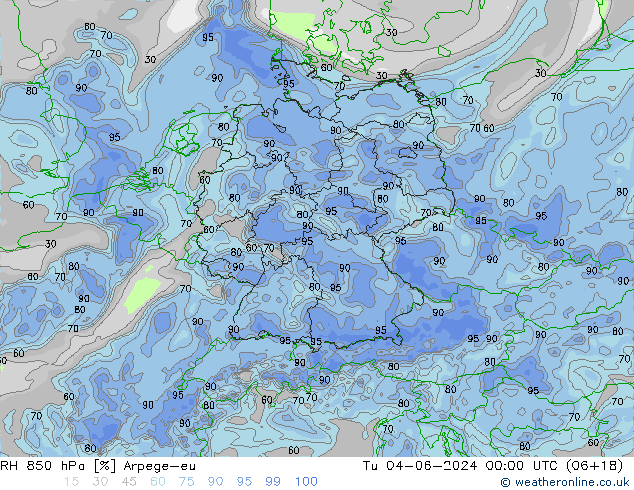 RH 850 hPa Arpege-eu wto. 04.06.2024 00 UTC