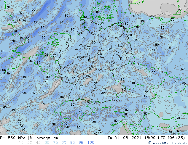 RH 850 hPa Arpege-eu mar 04.06.2024 18 UTC