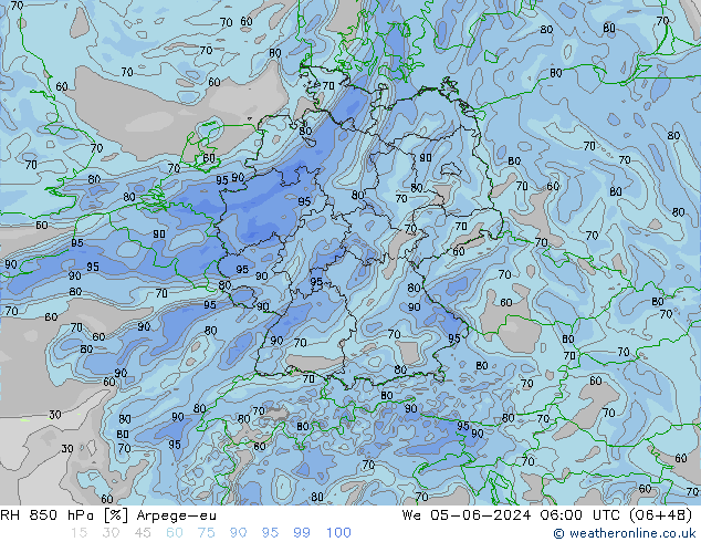 RH 850 hPa Arpege-eu Mi 05.06.2024 06 UTC