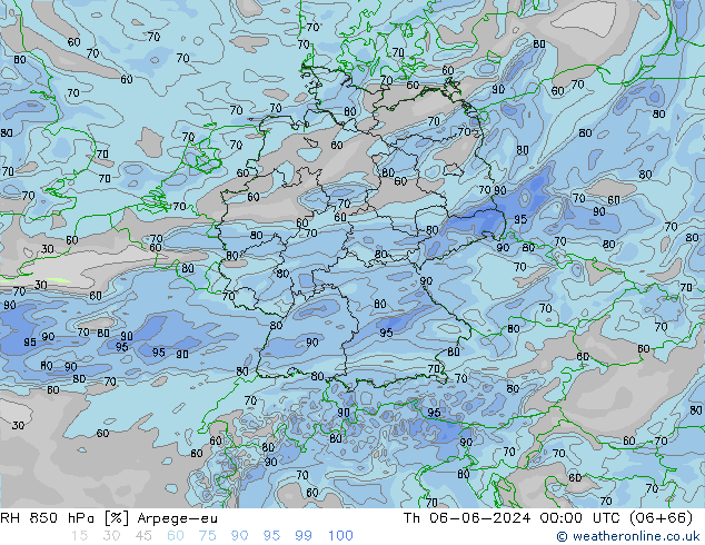 RH 850 hPa Arpege-eu Čt 06.06.2024 00 UTC