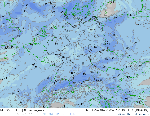 RH 925 hPa Arpege-eu Mo 03.06.2024 12 UTC