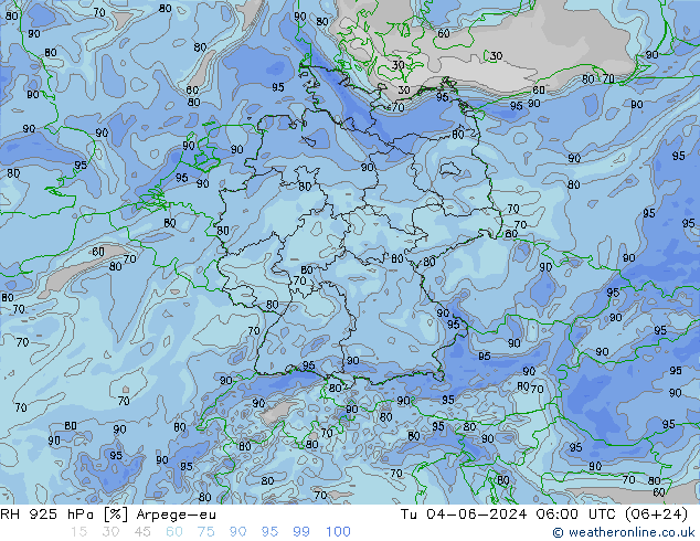 Humidité rel. 925 hPa Arpege-eu mar 04.06.2024 06 UTC