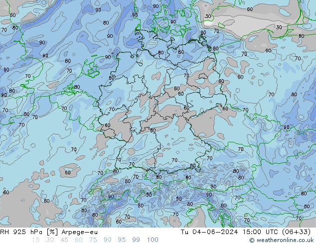 RH 925 hPa Arpege-eu Út 04.06.2024 15 UTC