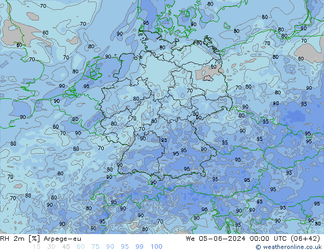 RH 2m Arpege-eu mer 05.06.2024 00 UTC