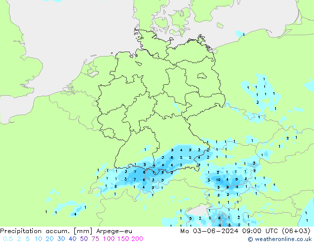 Precipitation accum. Arpege-eu Mo 03.06.2024 09 UTC