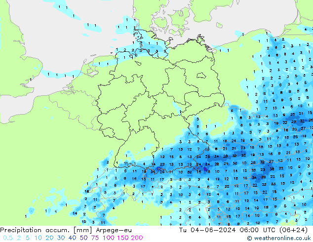 Precipitation accum. Arpege-eu Út 04.06.2024 06 UTC