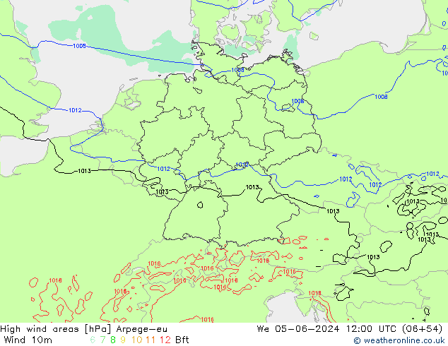 High wind areas Arpege-eu mer 05.06.2024 12 UTC