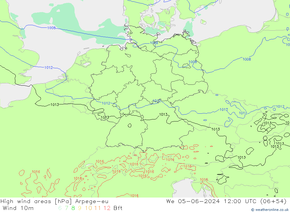 High wind areas Arpege-eu We 05.06.2024 12 UTC