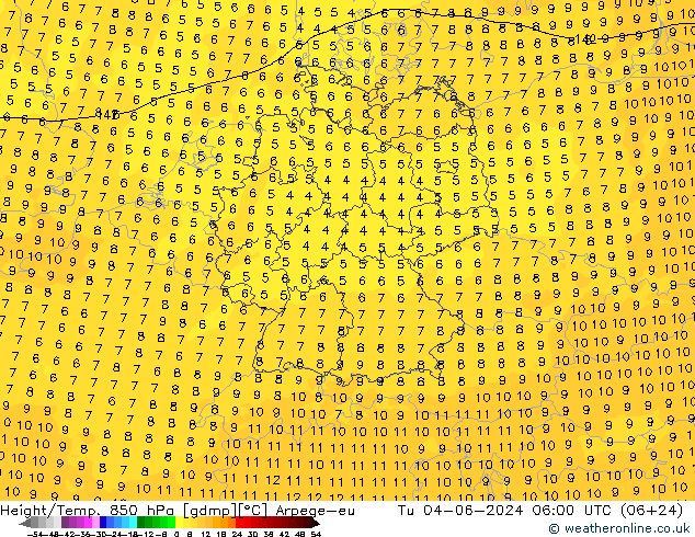 Geop./Temp. 850 hPa Arpege-eu mar 04.06.2024 06 UTC