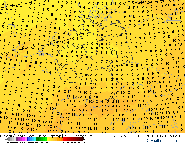 Height/Temp. 850 hPa Arpege-eu Út 04.06.2024 12 UTC