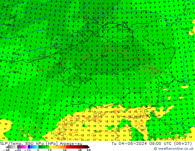 SLP/Temp. 850 hPa Arpege-eu di 04.06.2024 09 UTC